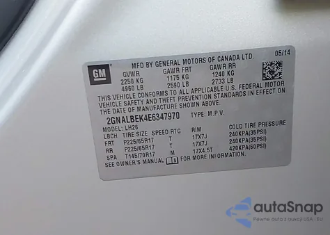 2014 Chevrolet Equinox 1Lt from USA, damaged, VIN 2GNALBEK4E6347970